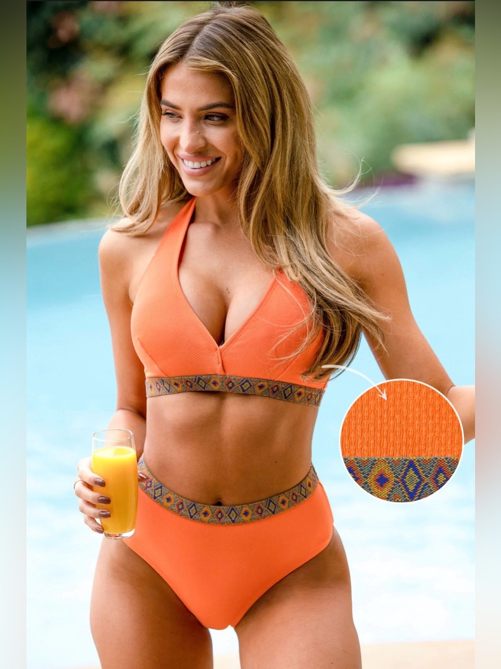 Cupshe ~ Orange Halter High Waisted Bikini with Patterned Trim NWT - Small